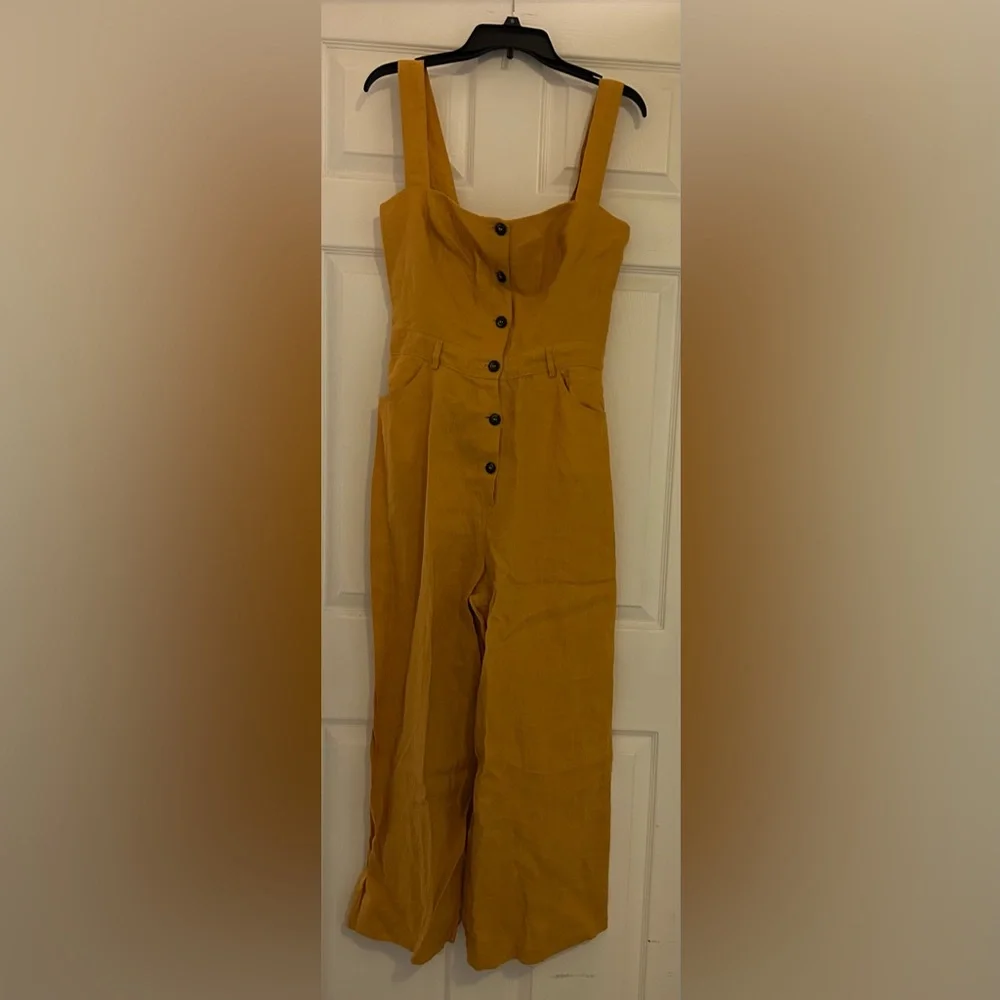 REFORMATION Wide Leg Linen Jumpsuit in Mustard Yellow - Size 8